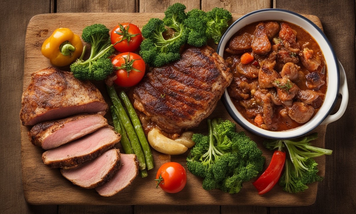 a delicious looking array of meat and vegetables